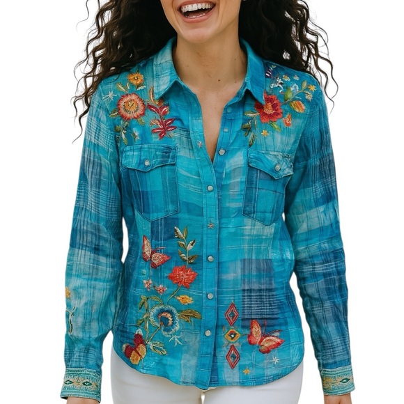 Johnny Was Cara heavily embroidered pearl snap button up shirt EXTREMELY RARE - Picture 1 of 11